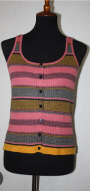 Alya Ribbed Knit Striped Button-Front Sweater Tank Top Pink/Yellow Size XS 00-2